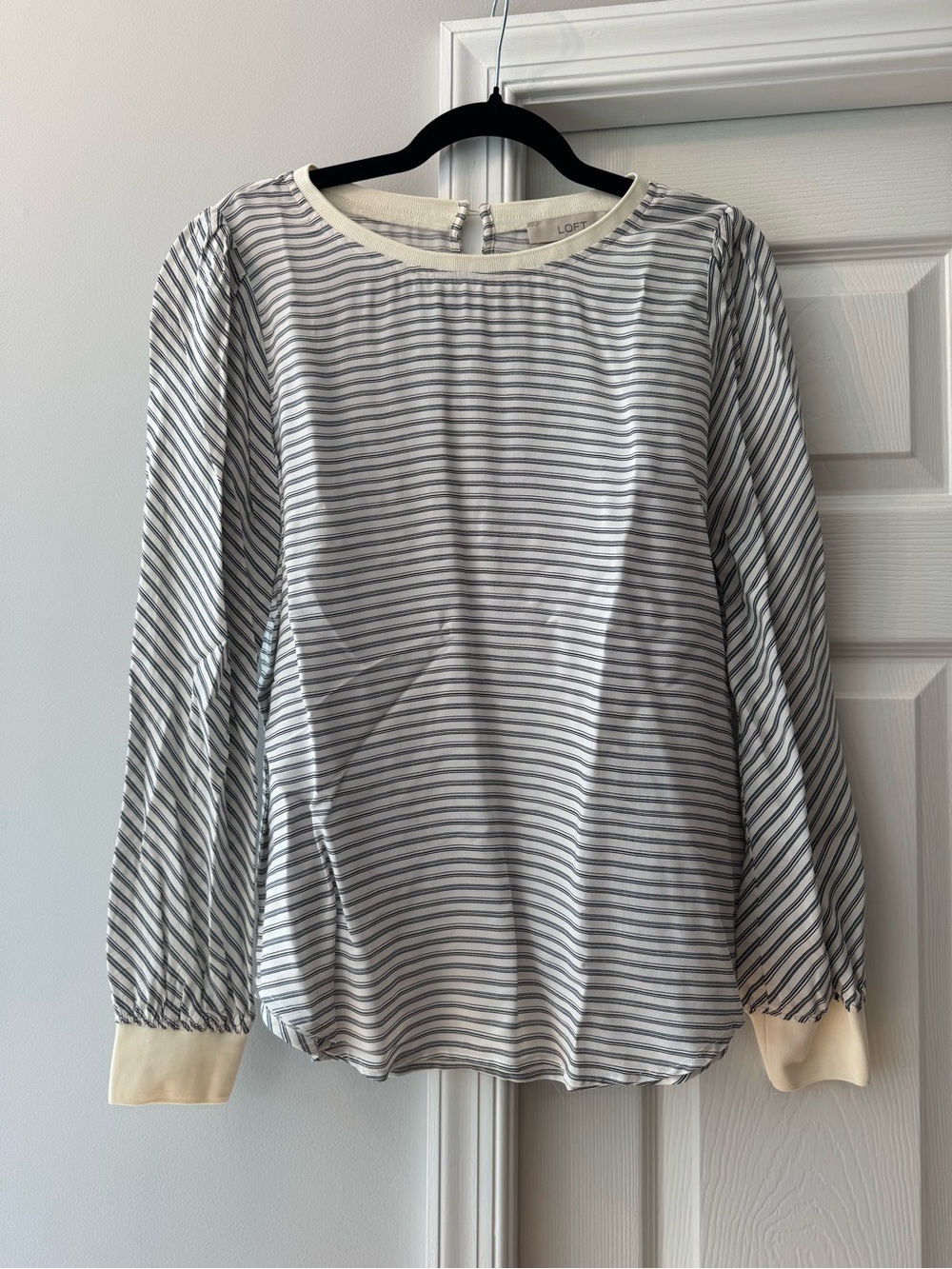 LOFT Women's Striped Long-Sleeve Crewneck Top in White and Black, size S
